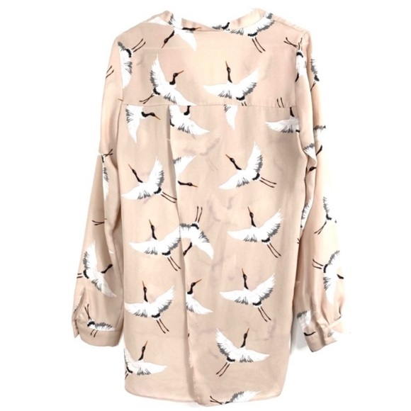ZARA Crane Bird Print Crape Torch Button up Blouse in Dusty Pink Size XS - Picture 3 of 5
